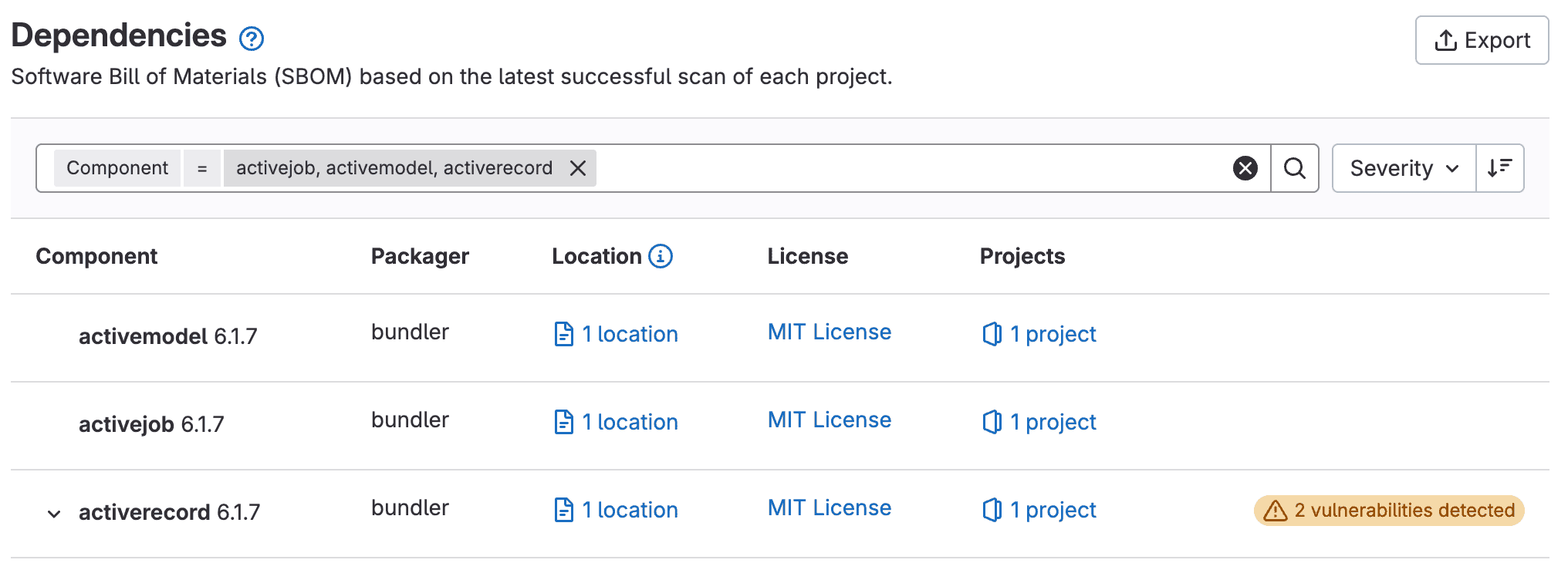 Component filter on the Dependency List