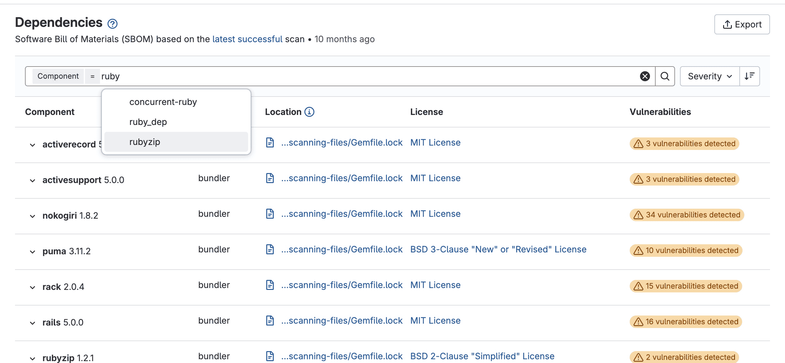 Dependency list filter by component in projects