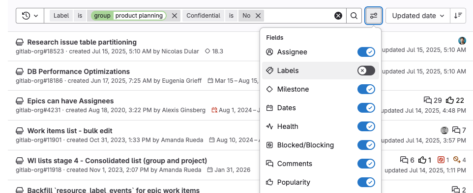 Configure epic display preferences