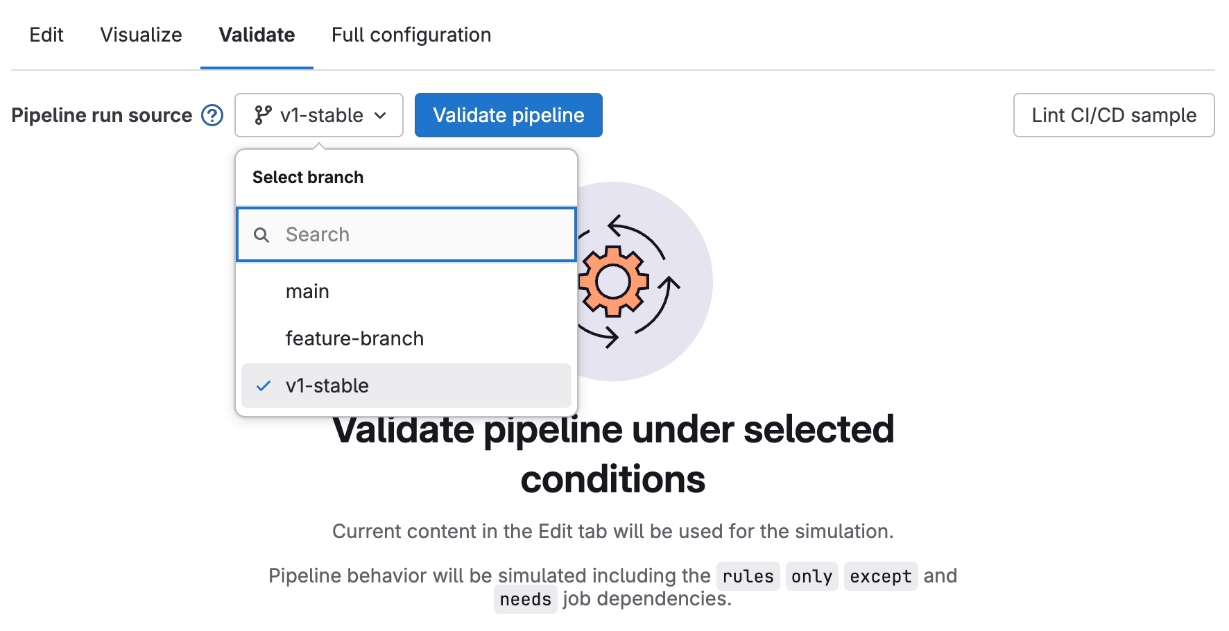 Simulate CI/CD Pipelines against different branch