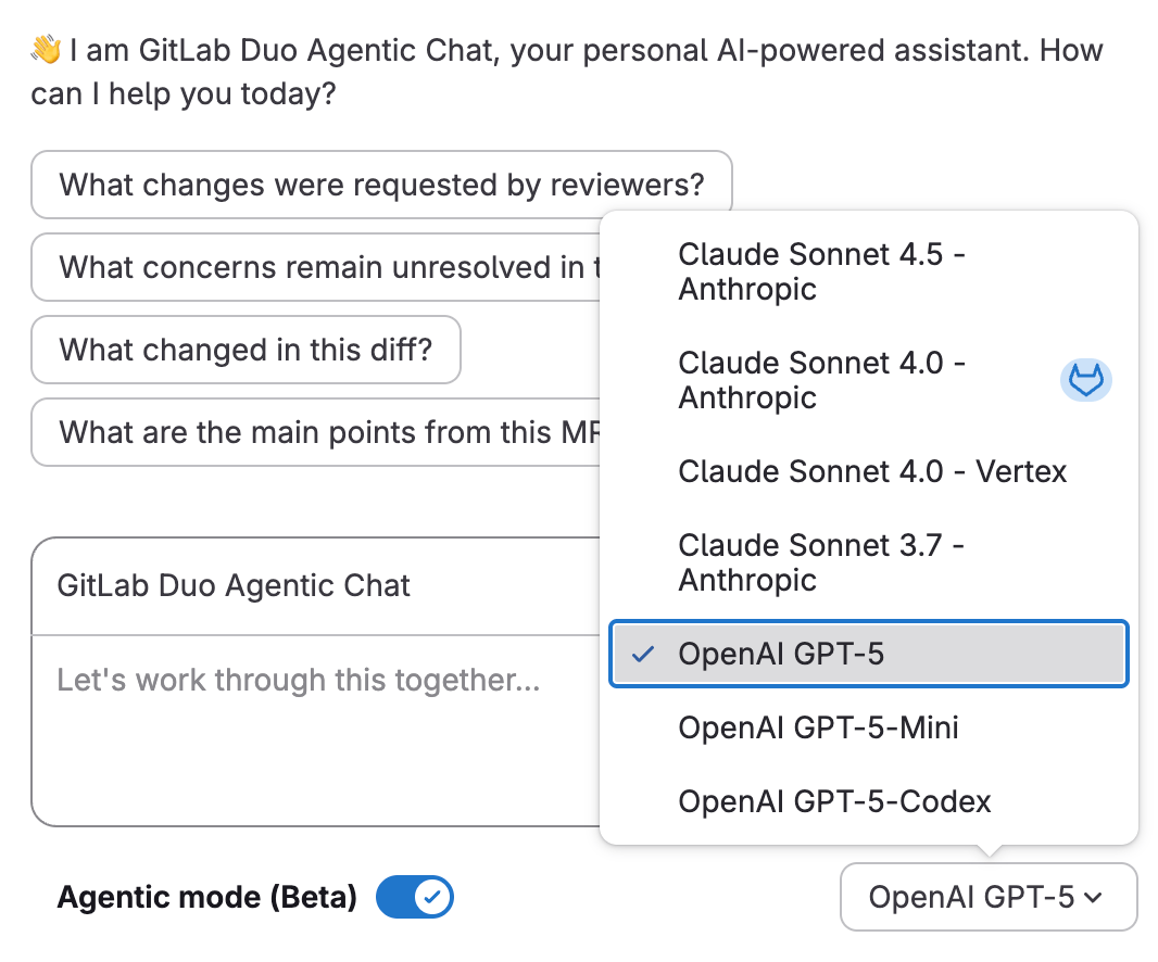 GPT-5 now available as a model option for GitLab Duo Agentic Chat