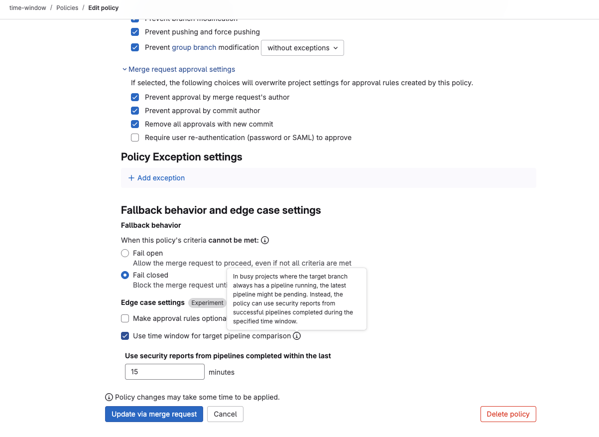 Time windows for merge request approval policies
