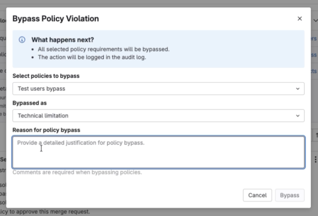 Exceptions to bypass merge request approval policies