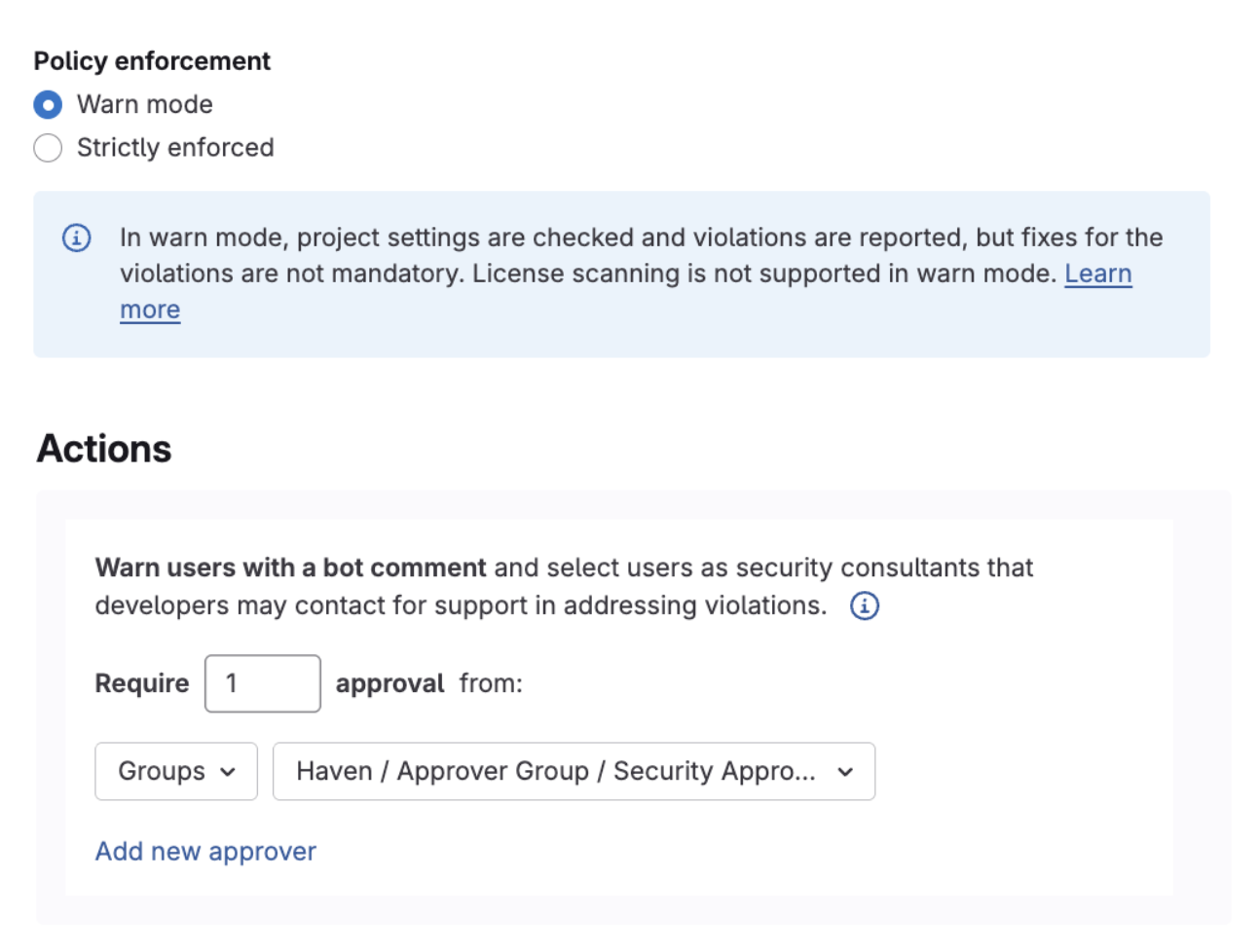 Warn mode in merge request approval policies (Beta)