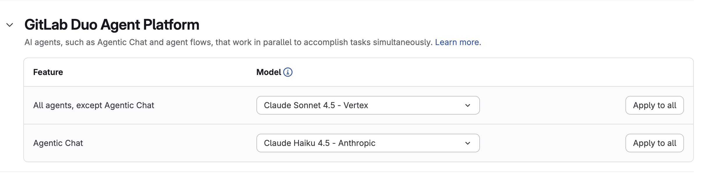 Separate model selection for Agentic Chat and agents