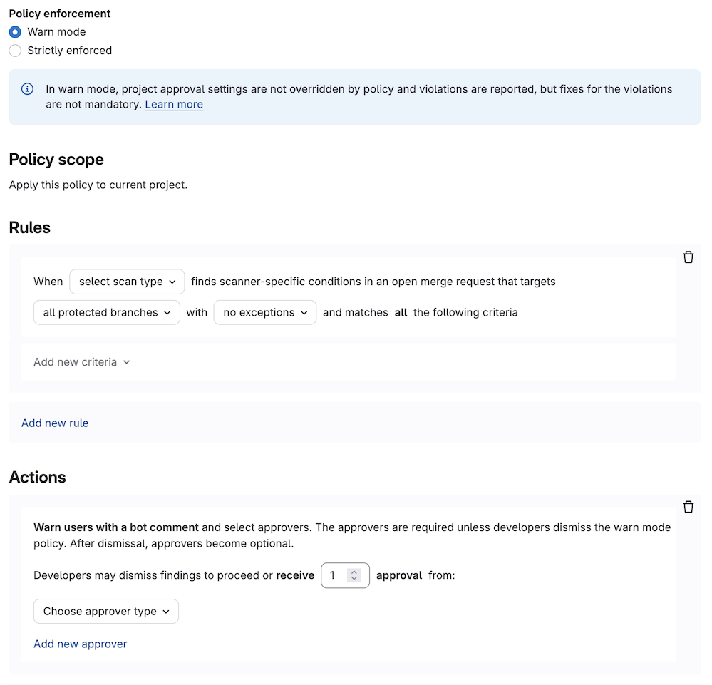 Warn mode in merge request approval policies