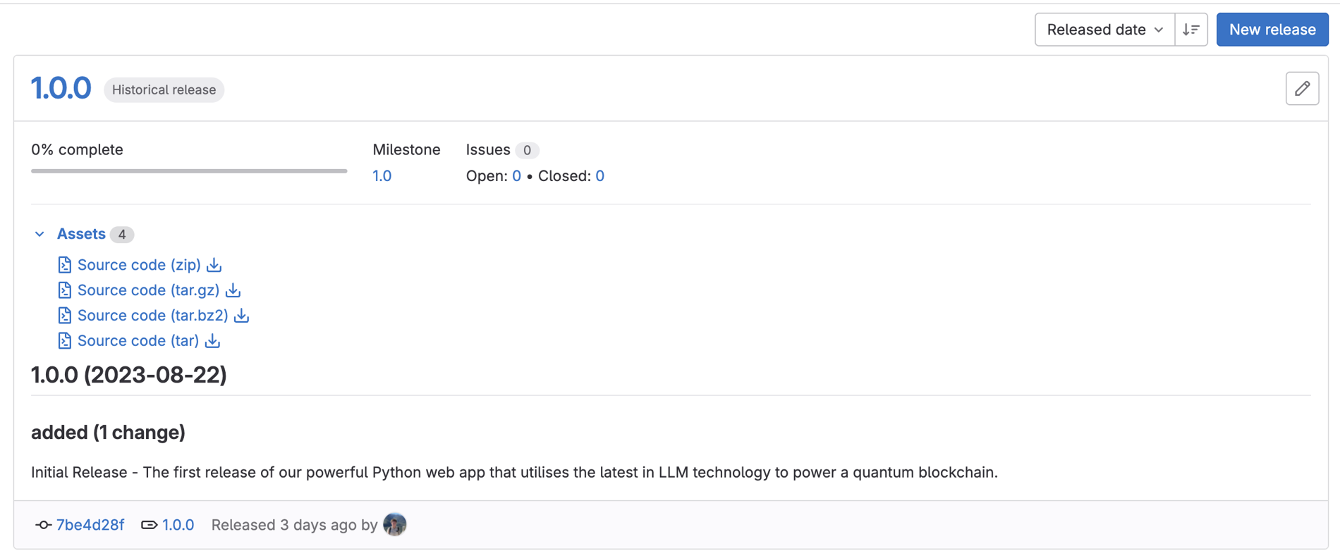 A screenshot of the GitLab UI showing a release for Version 1.0.0