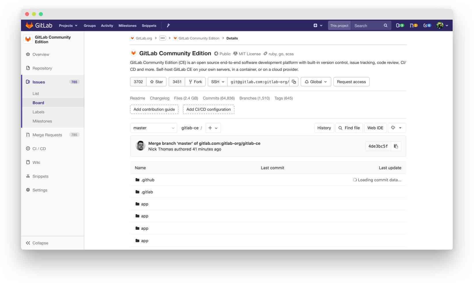 GitLab's project overview before the most recent redesign