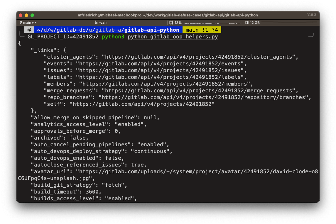 Example script that pretty-prints the project object attributes as JSON