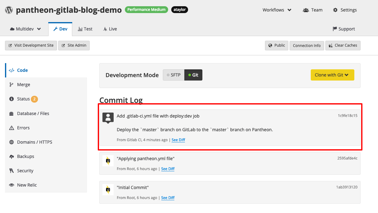 gitlab commit on pantheon dev
