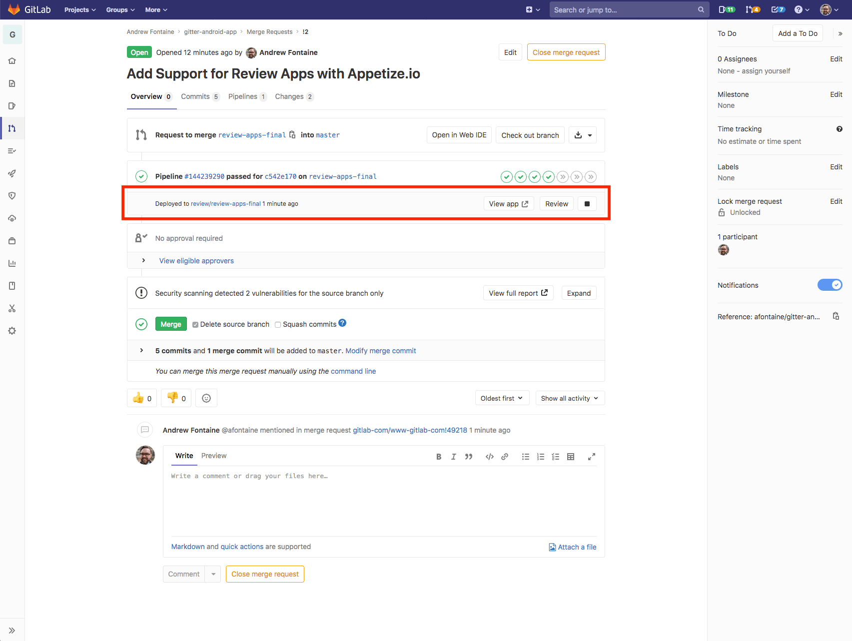 A merge request with a deployed review app