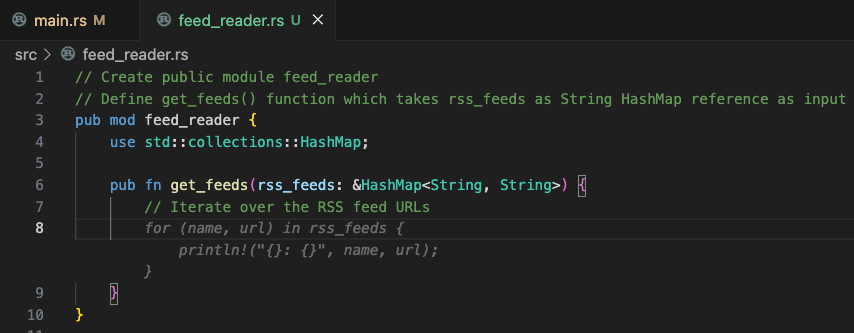 Code Suggestions: Public module with get_feeds() function, step 1: Iterate