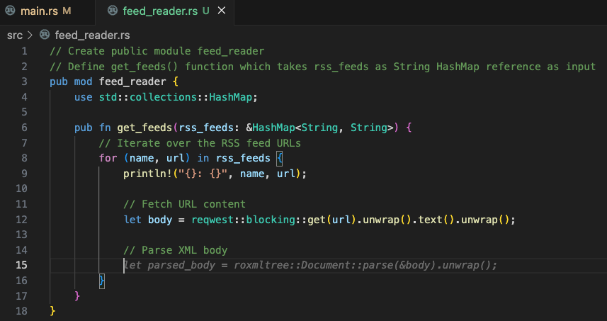 Code Suggestions: Public module with get_feeds() function, step 3: Parse XML body
