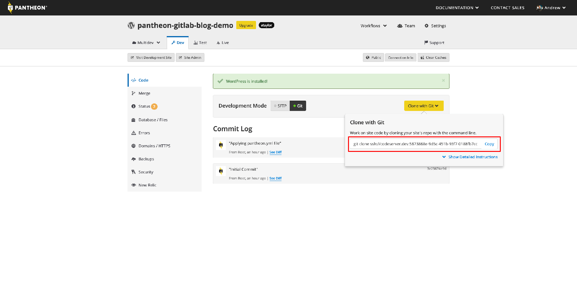 CPantheon git connection
