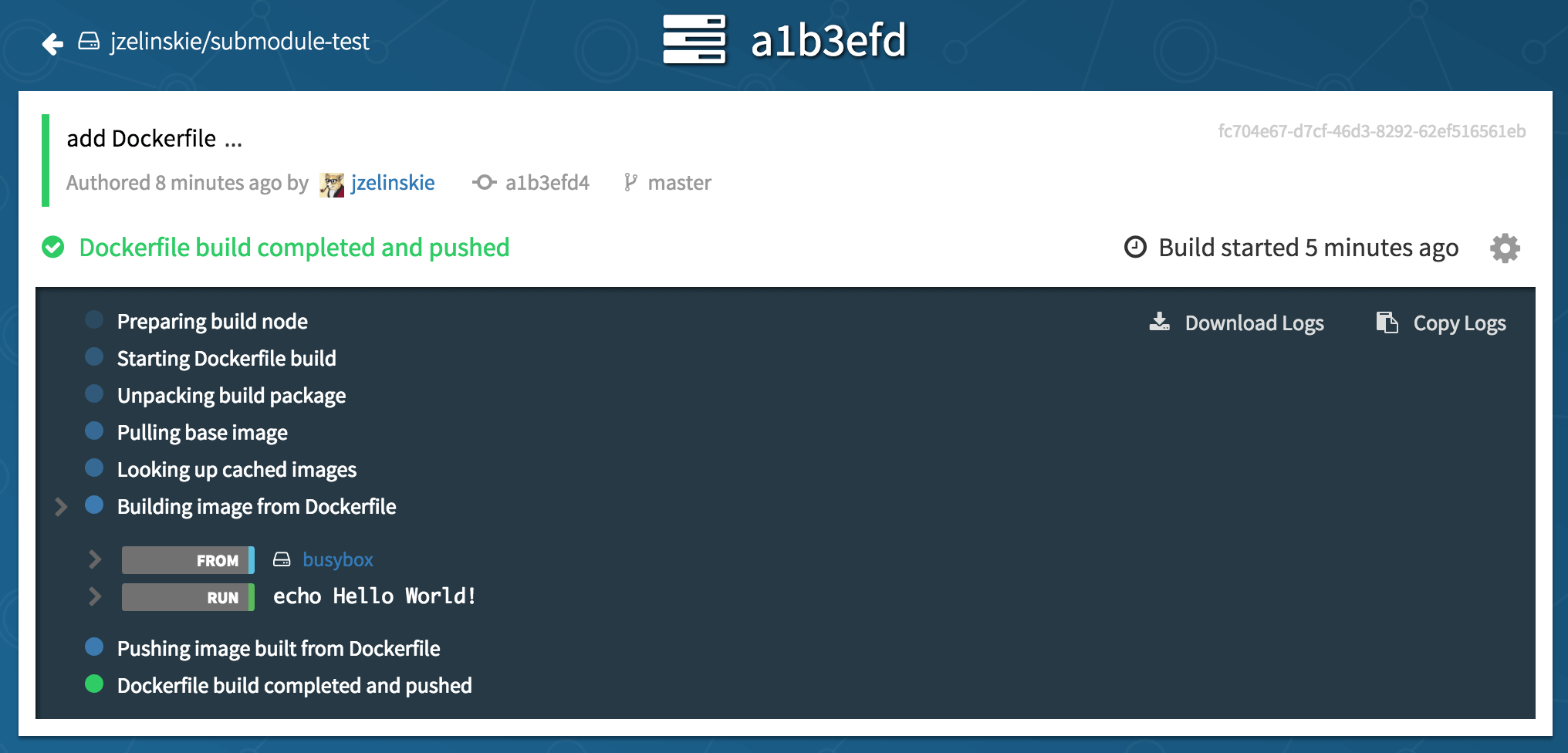 Build logs on Quay.io