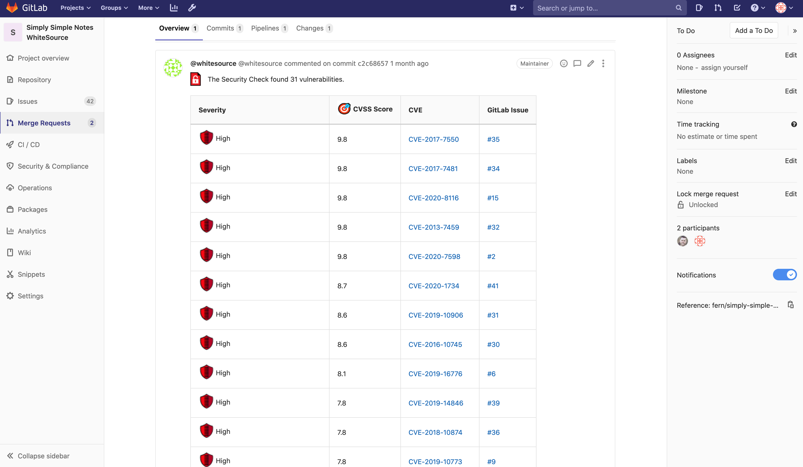 whitesource merge request view
